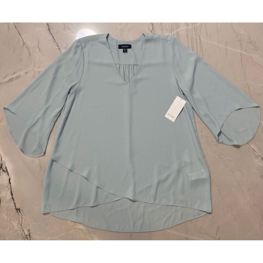 Karen Kane NWT Womens XL Light Blue V-Neck Asymmetric Flare Sleeve Blouse #168